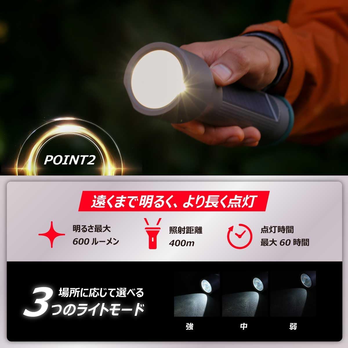 Detalle 2 de エナジャイザー YSHH21 LEDハンドライト、ソーラー・USB・乾電池対応、最大600ルーメン