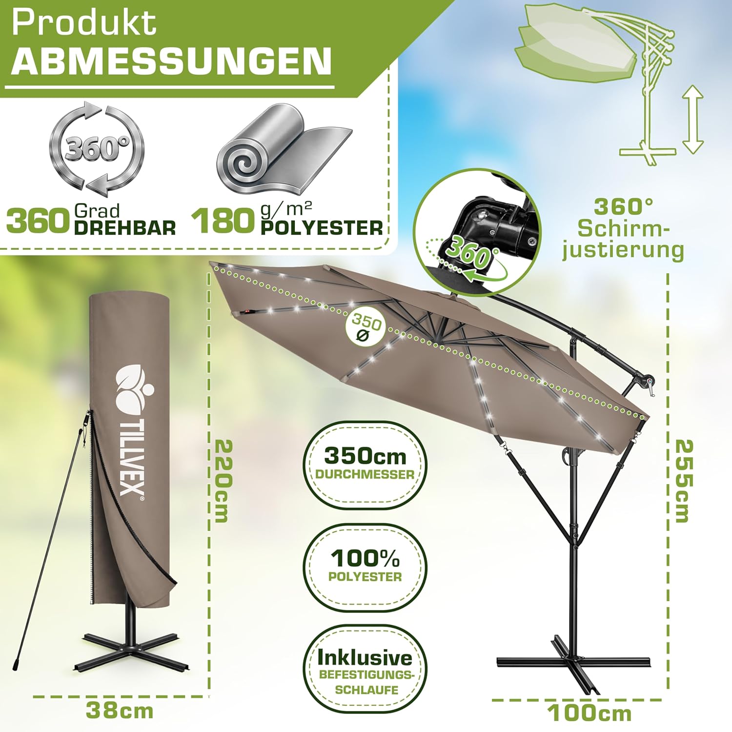 Thumbnail 1 de tillvex Alu Ampelschirm + Abdeckung LED Solar Ø 300 cm mit Kurbel – UV-Schutz, Windschutz und Beleuchtung
