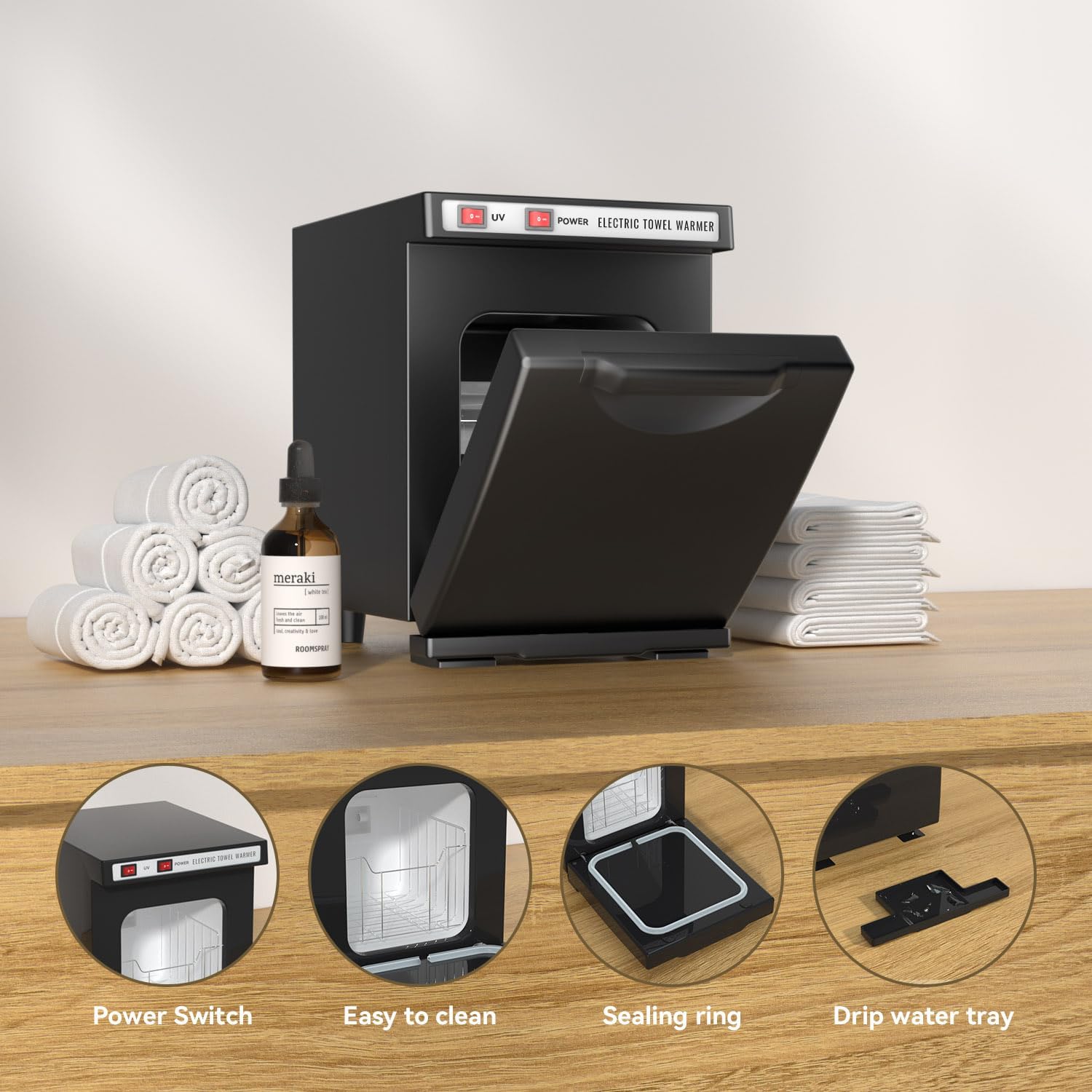 Detalle 2 de VERYTOP 5L Towel Warmer, Black Compact Cabinet with Aluminum Interior and UV Light