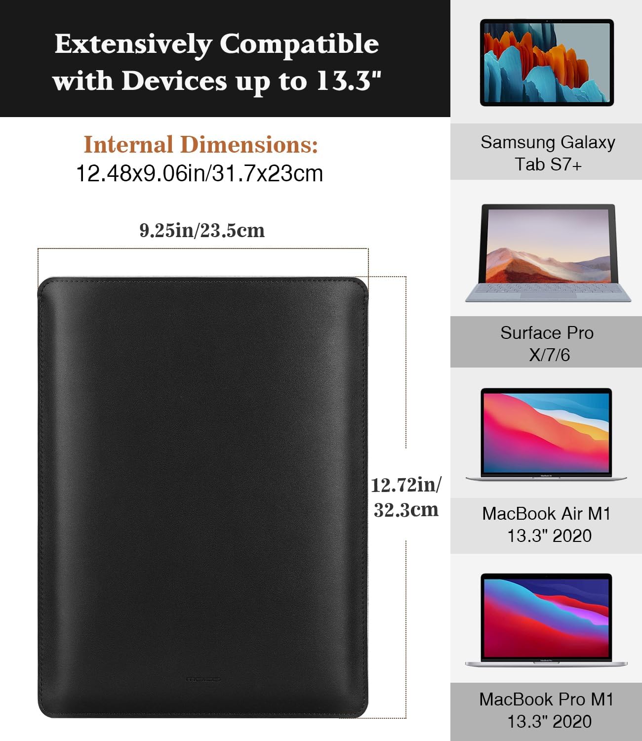 Detalle de MoKo Laptop Hülle für 13,3" bis 13,6" (Galaxy Tab S8+ / MacBook Air M2/M1 / MacBook Pro M1) – schlanke PU-Ledertasche, schwarz