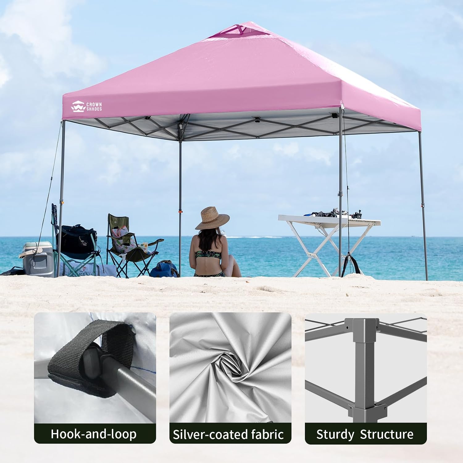 Detalle de CROWN SHADES 10x10 Pop-Up Canopy Tent, Pink, One-Push Setup, UPF 50+