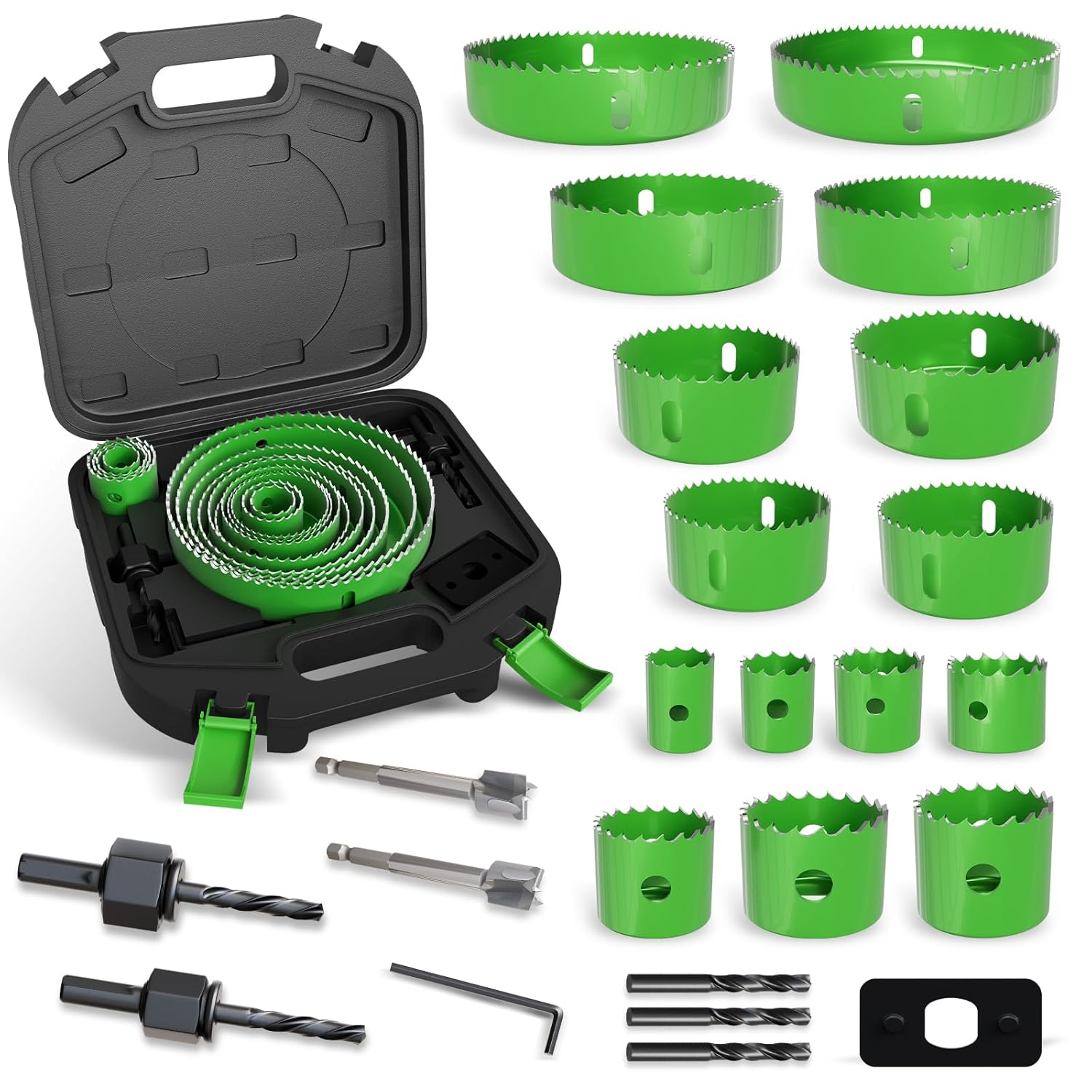 Hole Saw Set, 24-Piece 19–152mm with Arbor and Tools for Soft Wood, Plasterboard & Plastic
