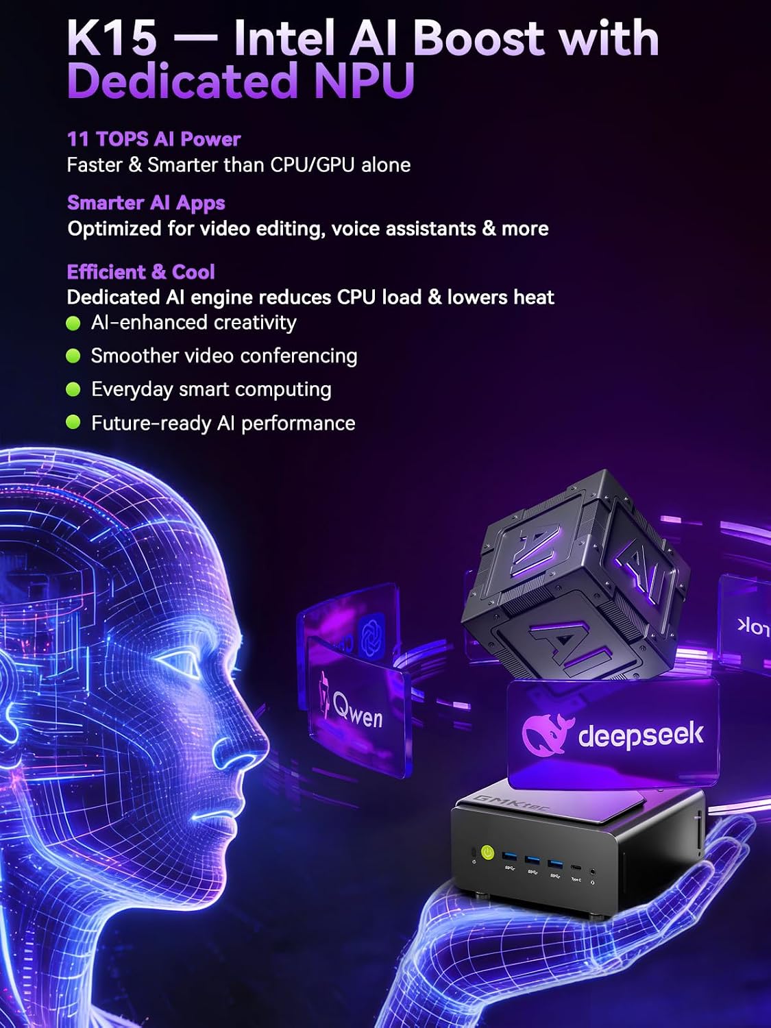 Detalle de GMKtec K15 AI Mini PC: Ultra-Efficient Performance for Multi-Display Tasks