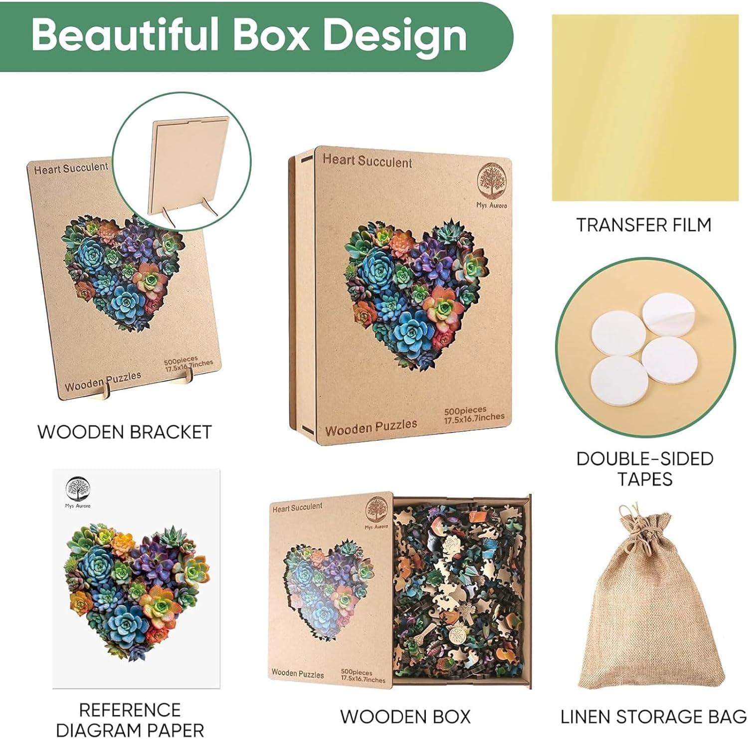 Thumbnail 6 de Mys Aurora 500-Piece Heart Succulent Wooden Puzzle