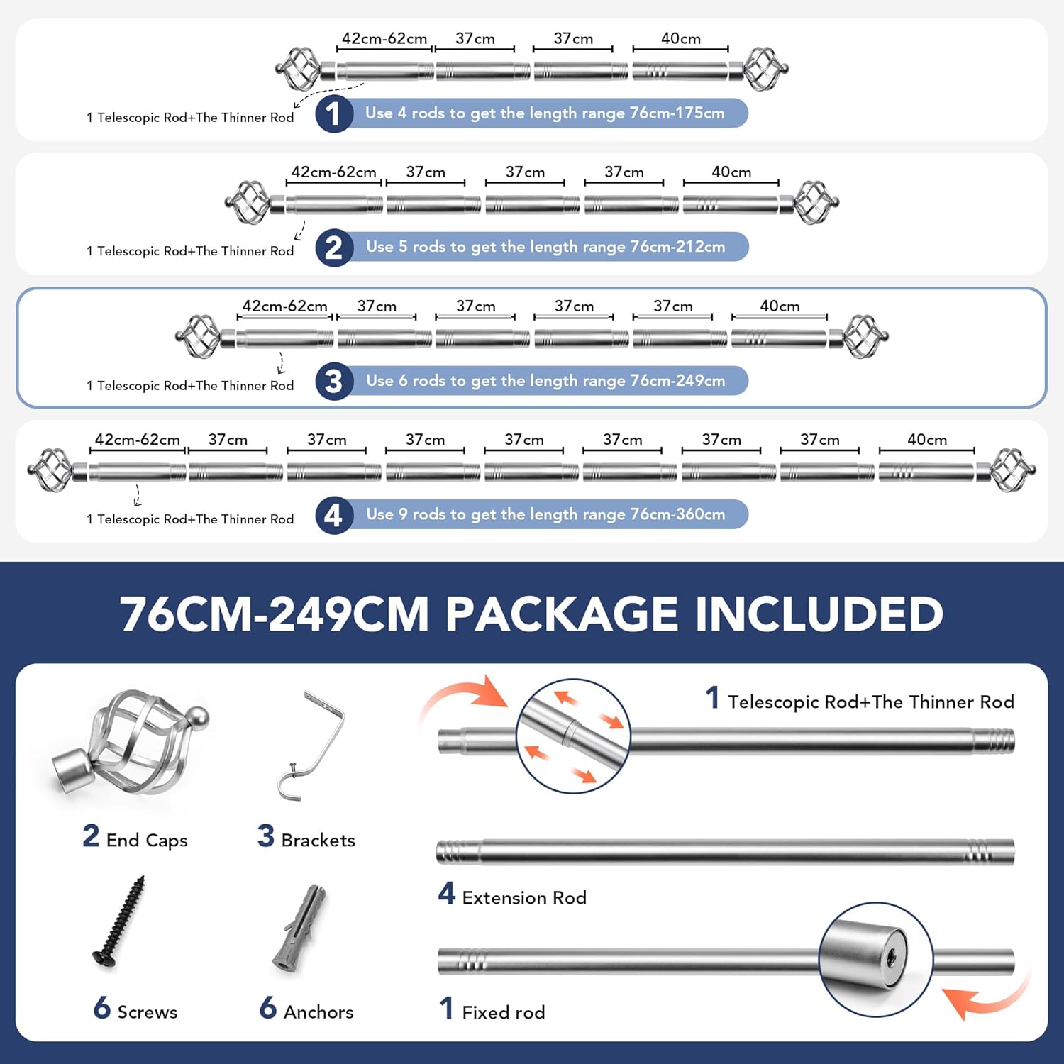 Thumbnail 1 de Deconovo Tringle à rideaux télescopique en métal extensible 76–249 cm, argent