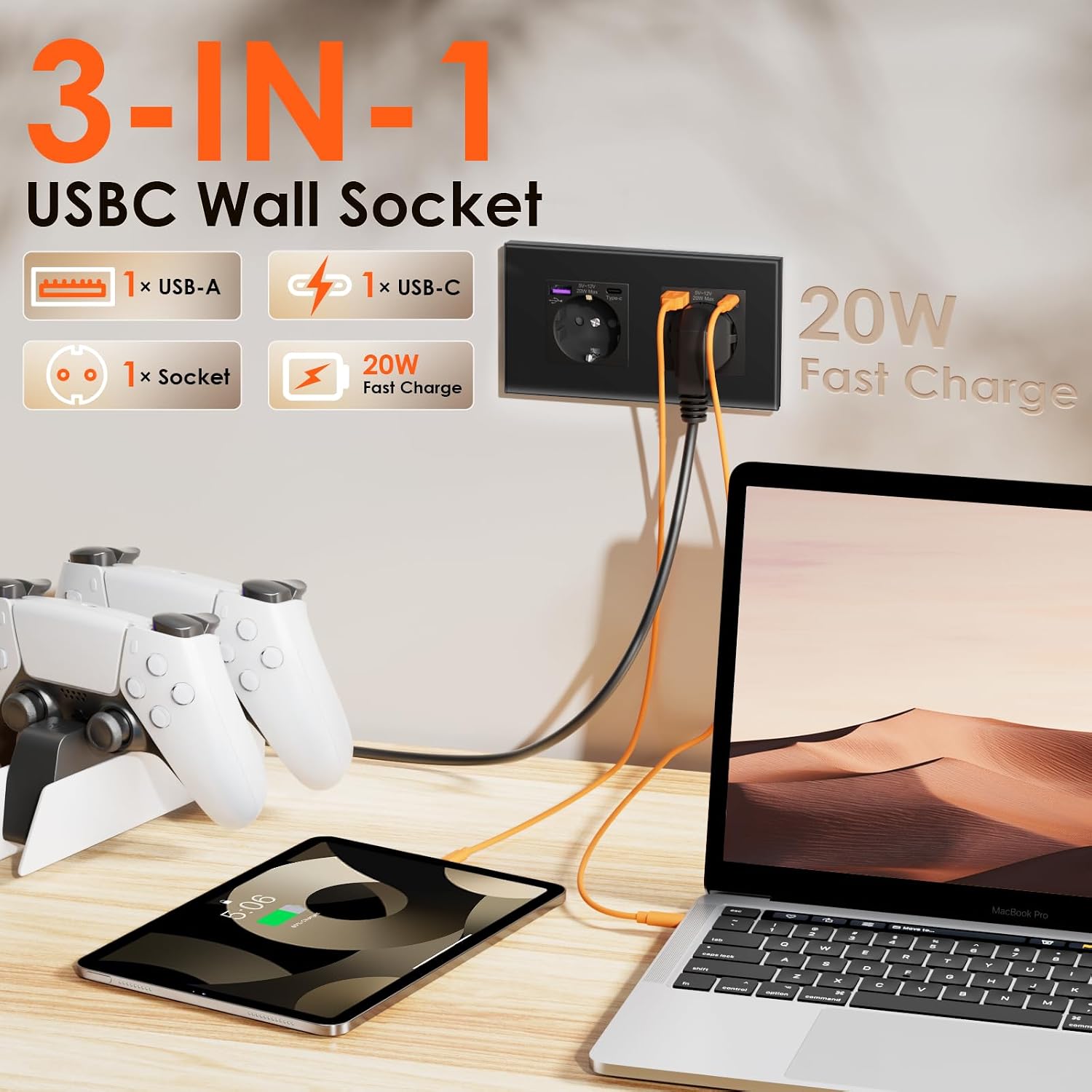 Detalle 2 de BSEED Schuko Steckdose USB C 20W Schnellladegerät