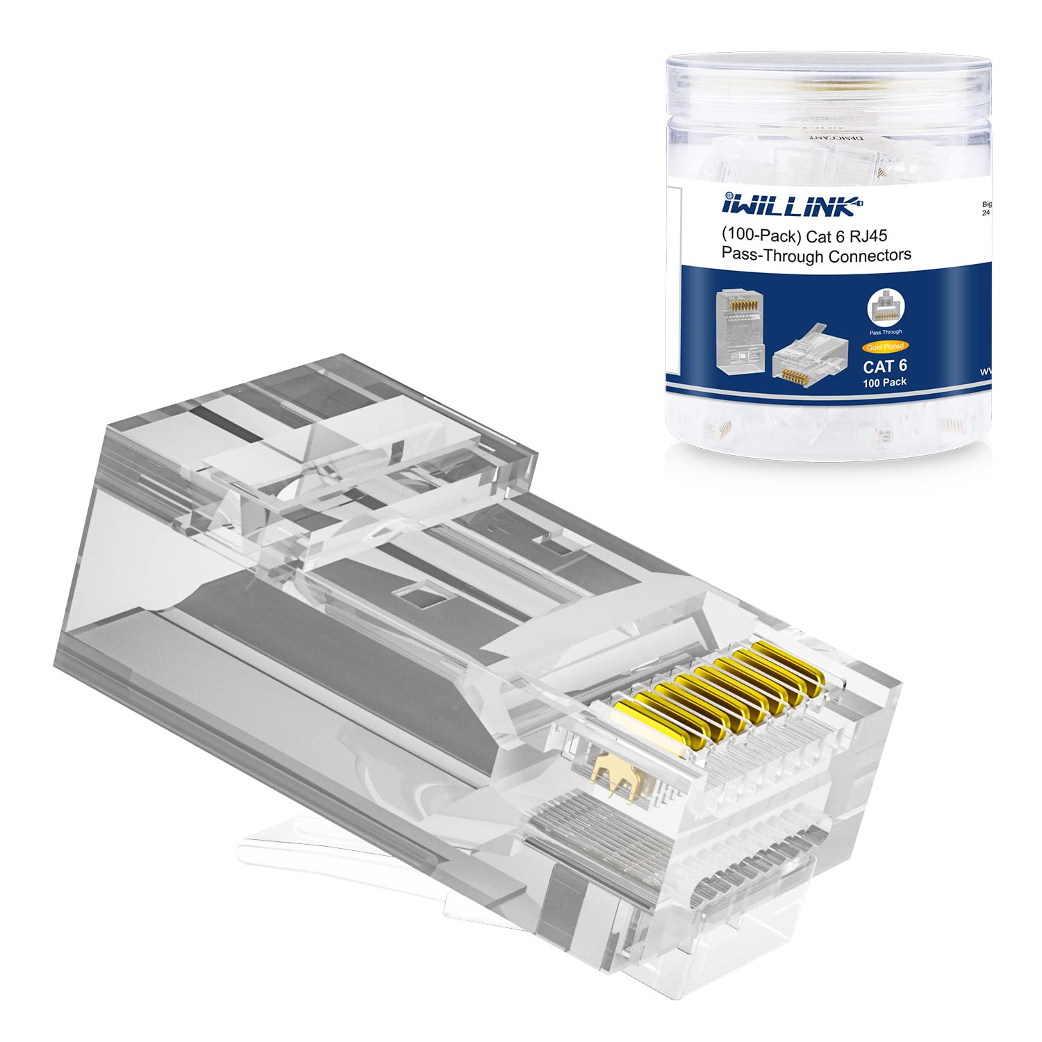 Detalle de iwillink 100-Pack RJ45 Cat6 Pass Through Connectors (Gold Plated)