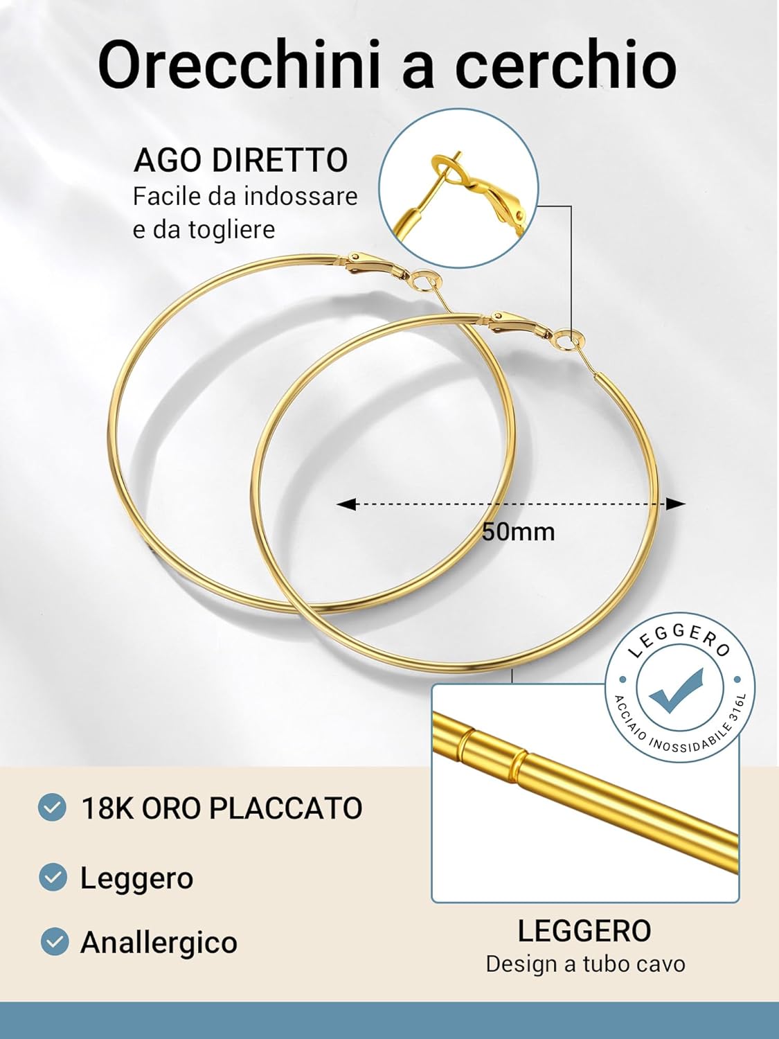 Thumbnail 6 de Set da 3 paia di orecchini a cerchio PROSTEEL in acciaio 316L (grandi 30/50/70 mm), stile classico minimal Y2K