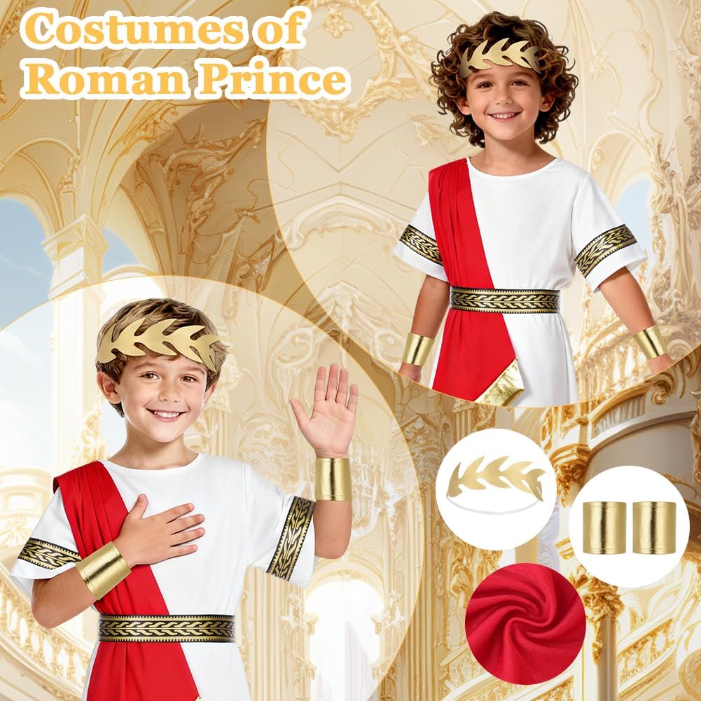 Thumbnail 4 de BSBUY Costume antica Grecia e Roma per bambini bianco e rosso con toga, cintura e fascia