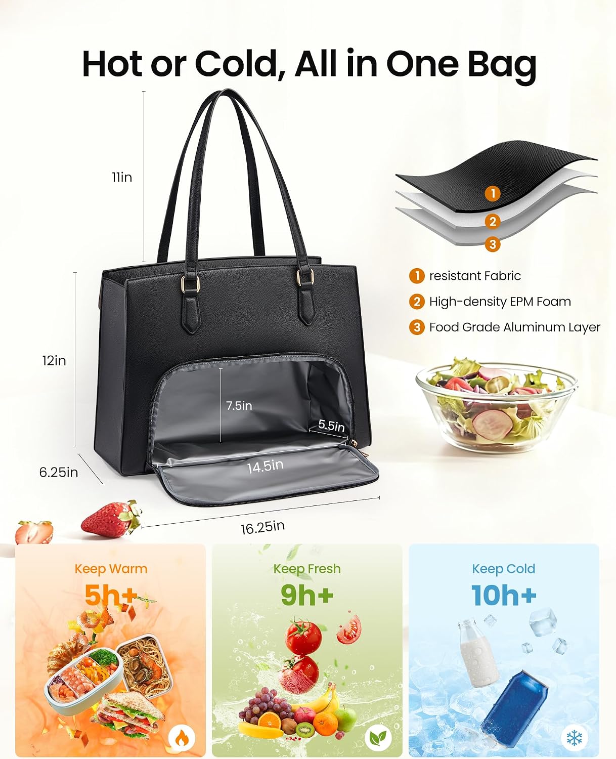 Thumbnail 3 de LOVEVOOK Laptop Handtasche Damen Groß mit isoliertem Lunchfach – elegante PU-Leder Arbeitstasche 15,6 Zoll