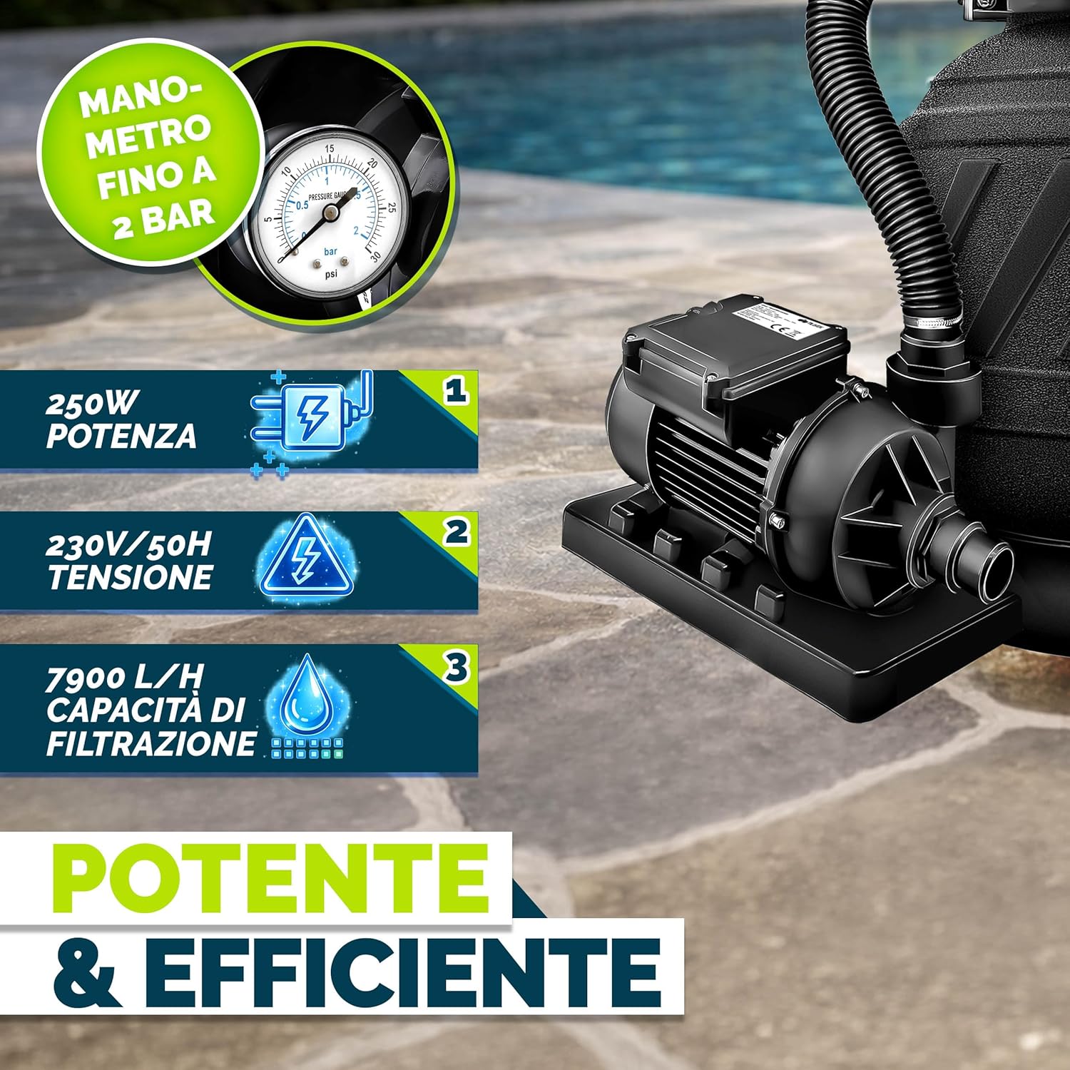 Detalle 2 de Pompa filtro piscina tillvex con portata 7.900 l/h e filtro a sabbia + valvola a 7 vie (adattatore 2in1 Ø32/38 mm)