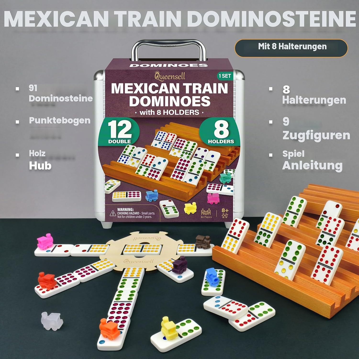 Detalle 2 de Queensell Mexican Train Domino-Set mit 8 Haltern – Doppel-12-Steine aus Holz, inkl. Nabe, Halter und Aluminiumschale