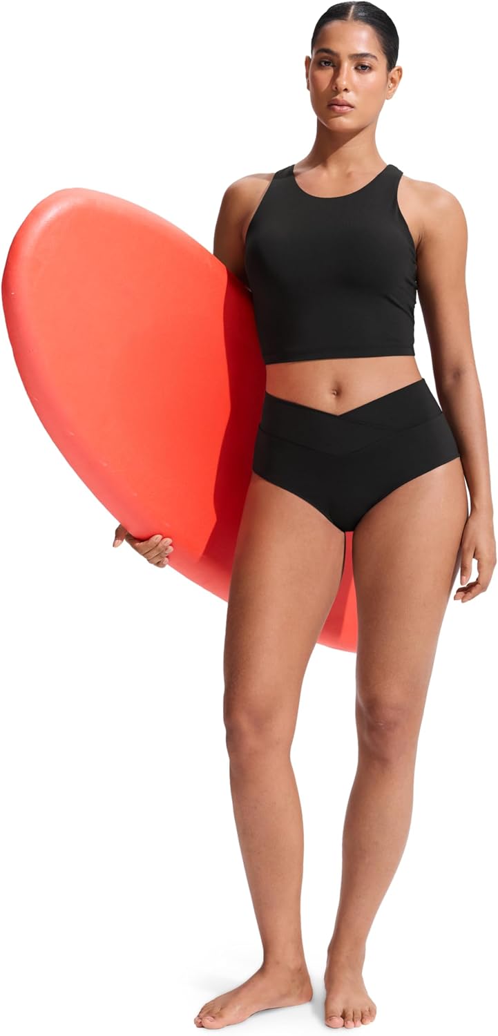 Detalle de CRZ YOGA RY004 Racerback Crop Bikini Top, High Neck, Built-In Pads, A–D Cup