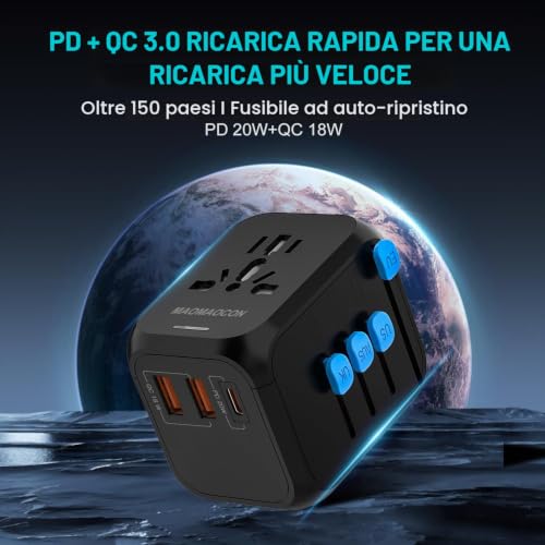 Detalle 2 de MAOMAOCON Adattatore da viaggio universale PD20W con 2 USB-A, USB-C e presa AC | Compatibile con Germania, USA, UK, Thailandia, Italia e altro