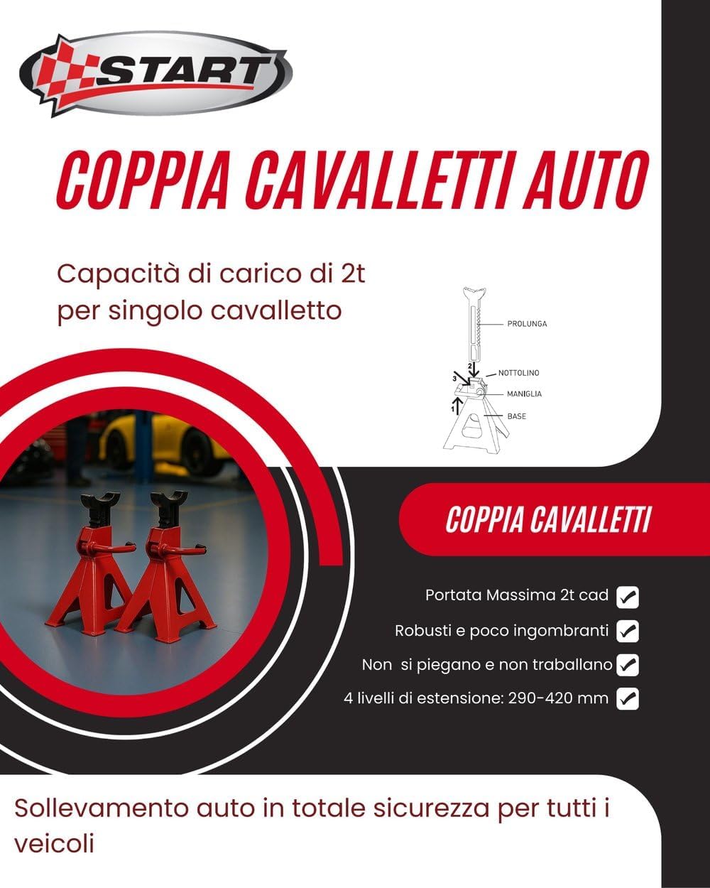 Thumbnail 3 de START Coppia di Cavalletti da Officina 2 Tonnellate – Supporti robusti per sollevamento veicoli