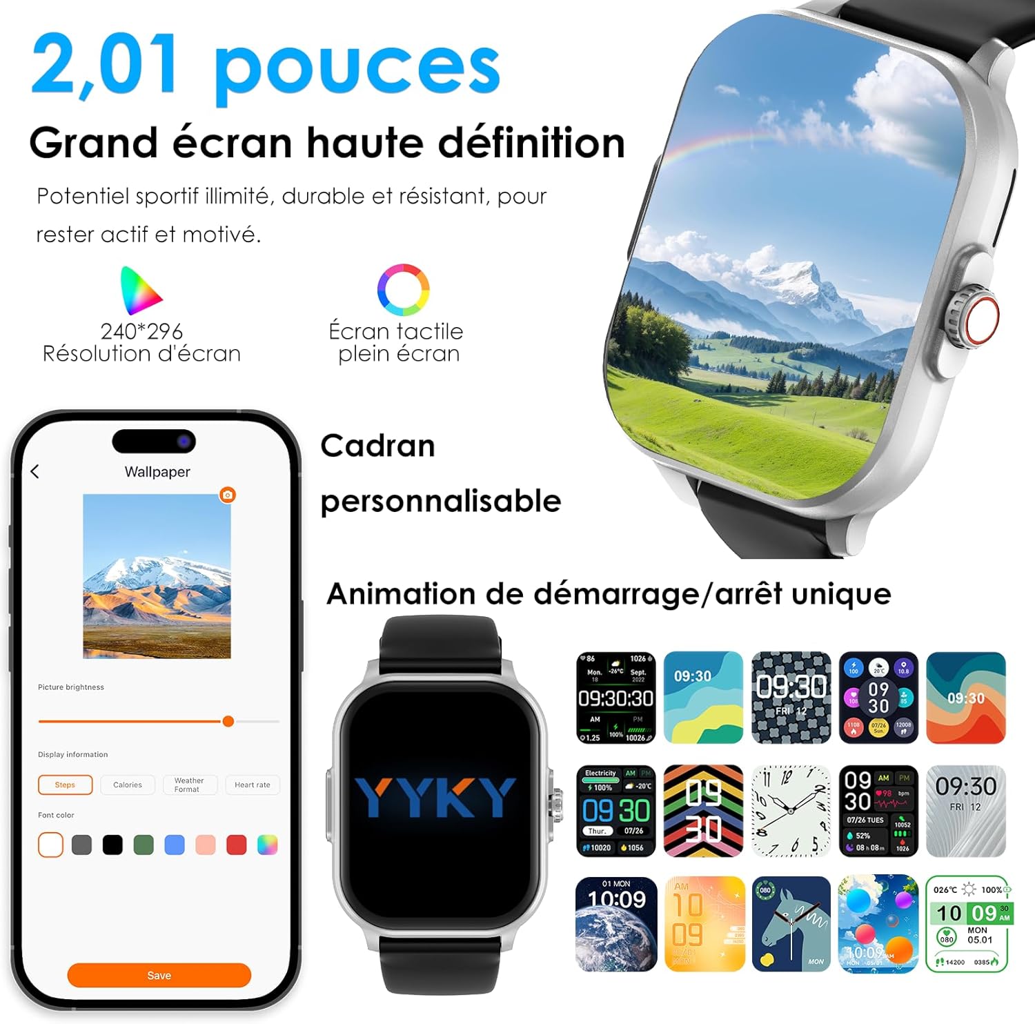 Thumbnail 6 de YYKY Montre Connectée Santé avec ECG, HRV et Pression artérielle – 2,01'' – Suivi 24h & Notifications