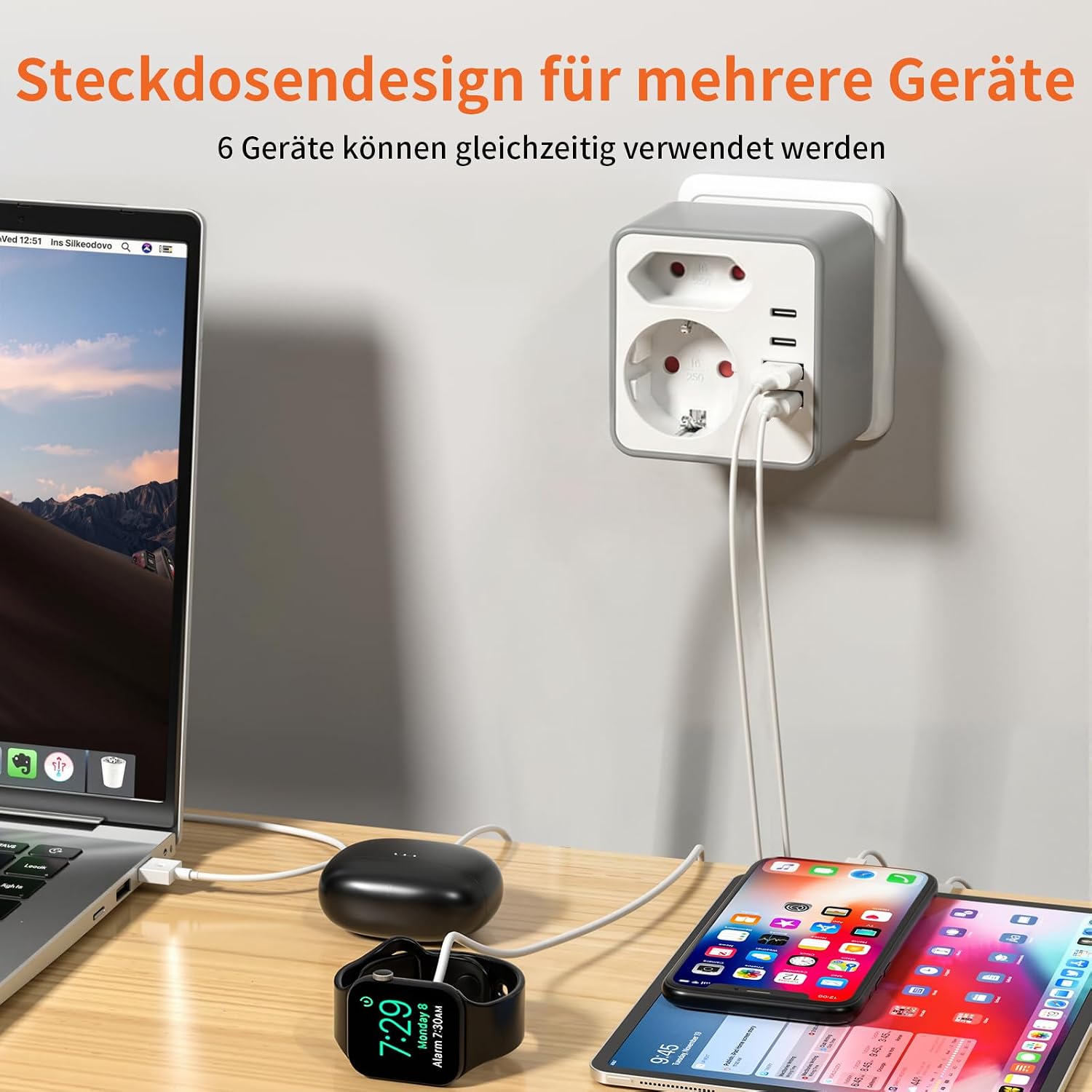 Detalle 2 de Realmade 2-Fach Steckdosenleiste mit 4 USB-Anschlüssen – 20W PD, Weiß