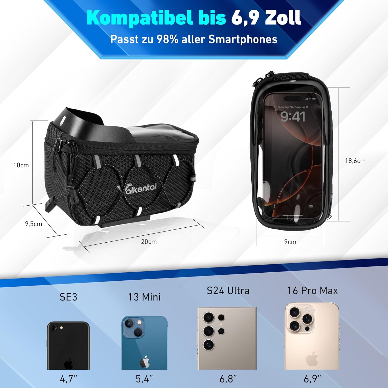 Detalle de Valkental Fahrrad Rahmentasche mit Schnellspanner – wasserdichte Oberrohrtasche für Ebike, Rennrad & MTB