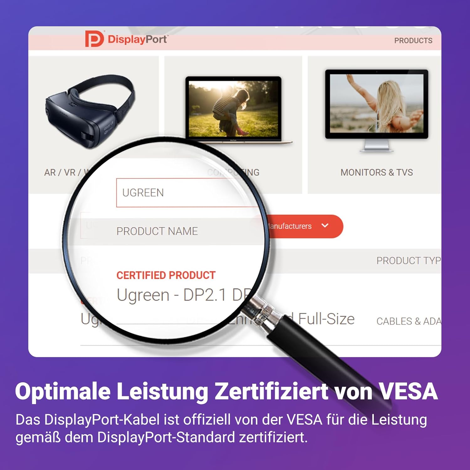 Thumbnail 1 de UGREEN DisplayPort 2.1 Kabel – VESA-zertifiziert, 1 m, 40 Gbps, 16K/8K/4K, FreeSync/G-Sync