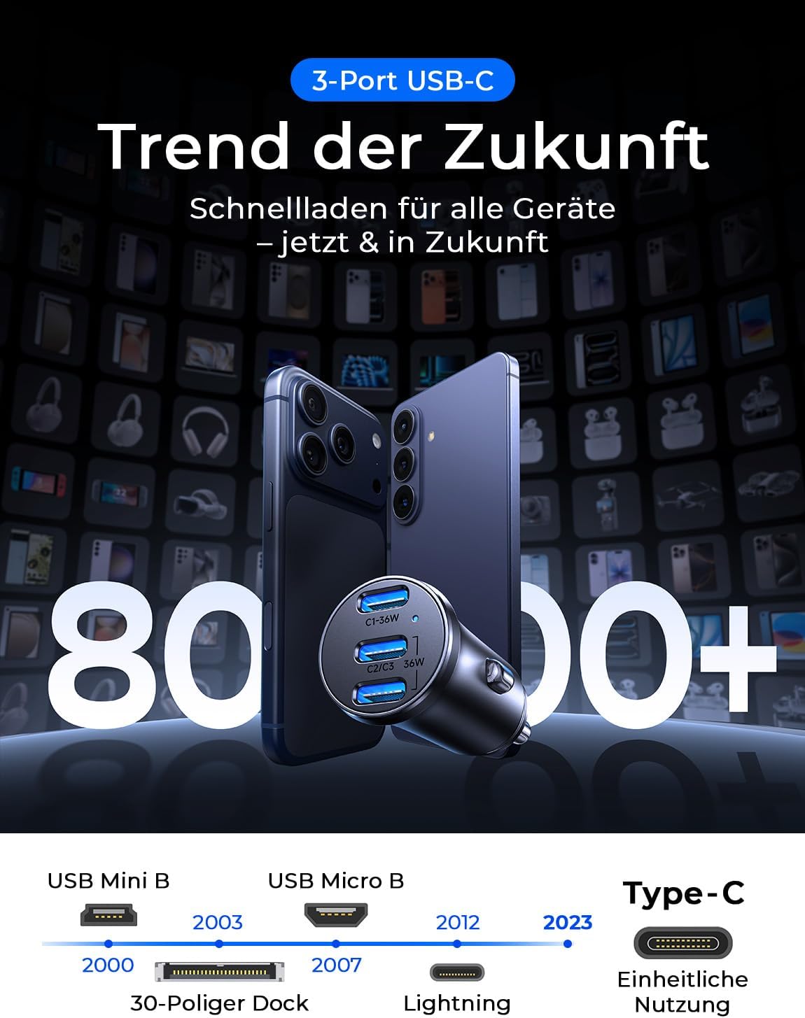 Detalle de LISEN 108W Zigarettenanzünder USB C – 3-Port PD PPS Schnellladegerät für Auto