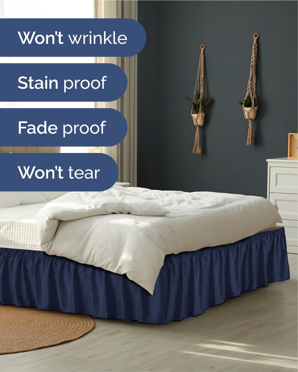 Thumbnail 4 de Wrap Around Dust Ruffle Bed Skirt (Navy Blue) for Queen Beds with 15 Inch Drop