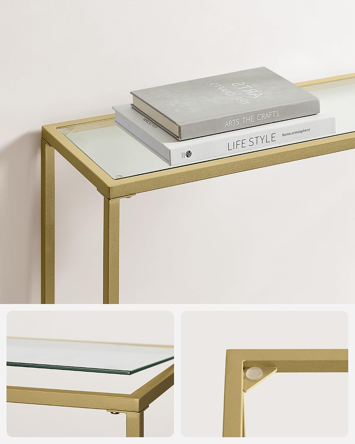 Detalle de VASAGLE BARIS LGT132A01 consoletafel van gehard glas, goudkleurig frame