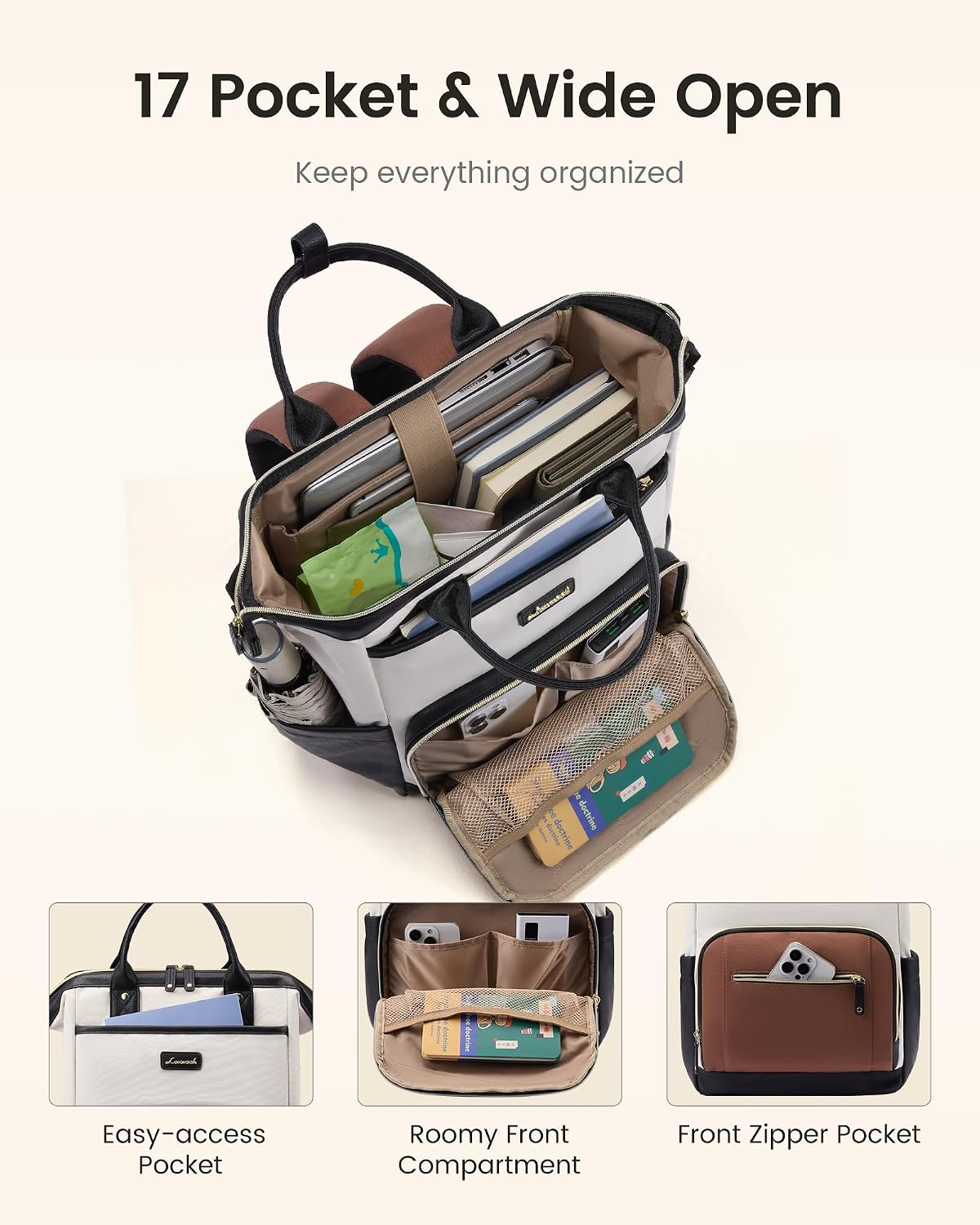 Thumbnail 3 de LOVEVOOK Laptop Backpack for Women with Giant Tumbler Holder (Beige/Black/Brown)