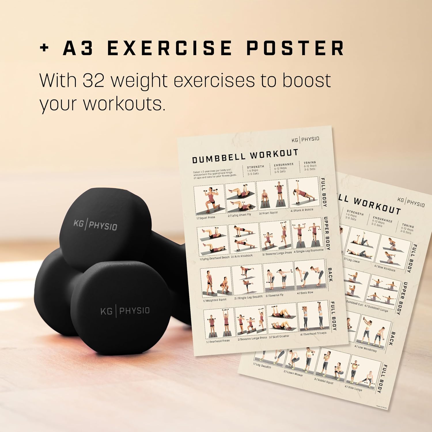 Thumbnail 4 de KG Physio Weights Neoprene-Coated Dumbbells Set (1–10kg pairs) with Anti-Roll Technology & A3 Exercise Poster