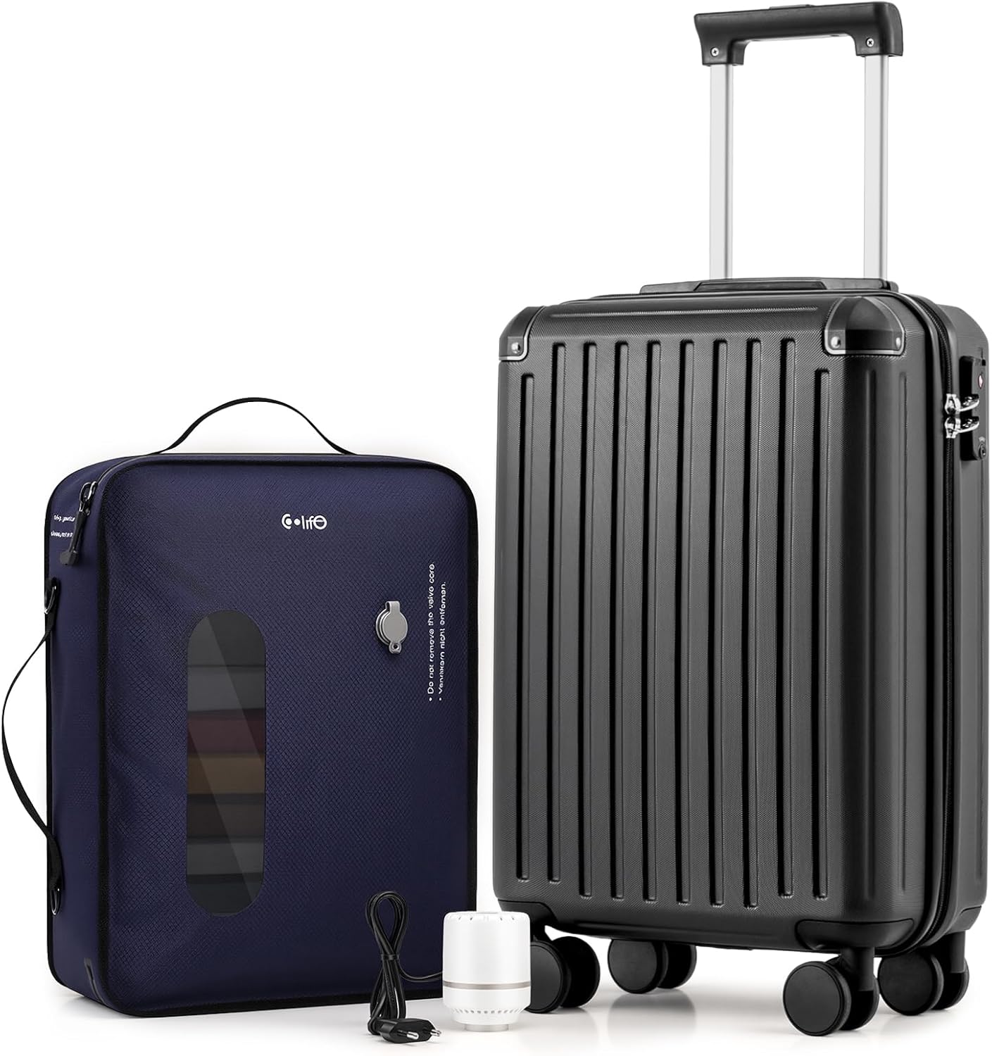 Detalle de COOLIFE Ryanair Handgepäck Koffer 55X35X20cm mit Vakuum-Kompressionsbeutel – 60% mehr Stauraum, TSA-Schloss & 4 Doppelrollen
