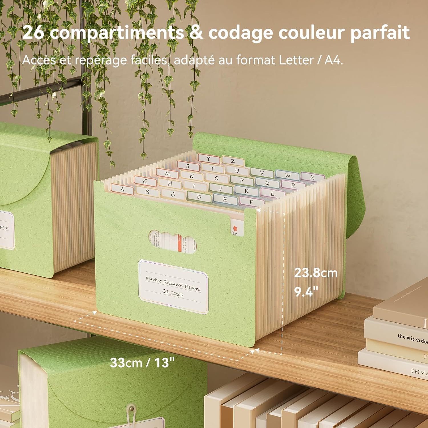 Detalle de EcoStash Trieur 26 Compartiments A4 – Organiseur de Dossiers en Paille de Blé, Sans BPA, Vert Menthe