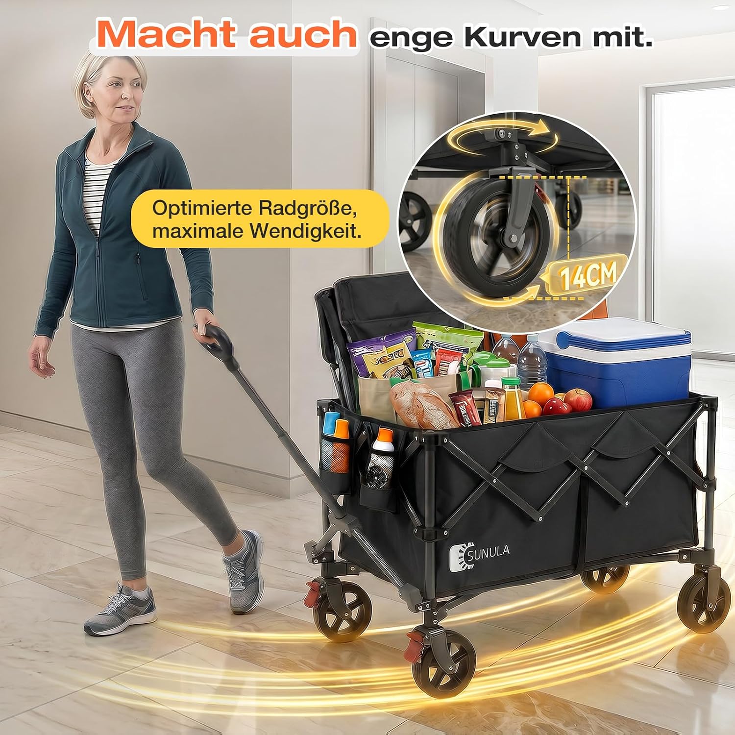 Thumbnail 5 de SUNULA Bollerwagen Faltbar Tragkraft 120KG – Klappbarer Handwagen mit EIN-klick-Handgriff, 4-seitig faltbar, Geländegängige Räder mit Bremsen, 150L, Schwarz