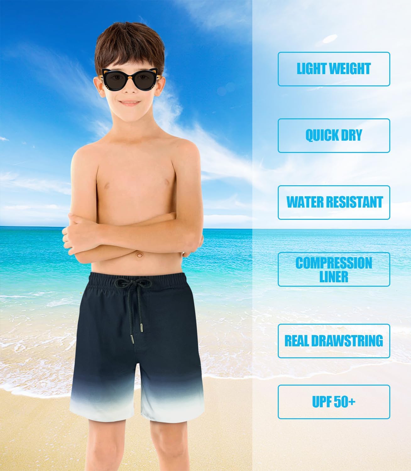 Detalle de LUCOWEE Boys Swim Trunks with Soft Compression Liner – Quick-Dry UPF 50+