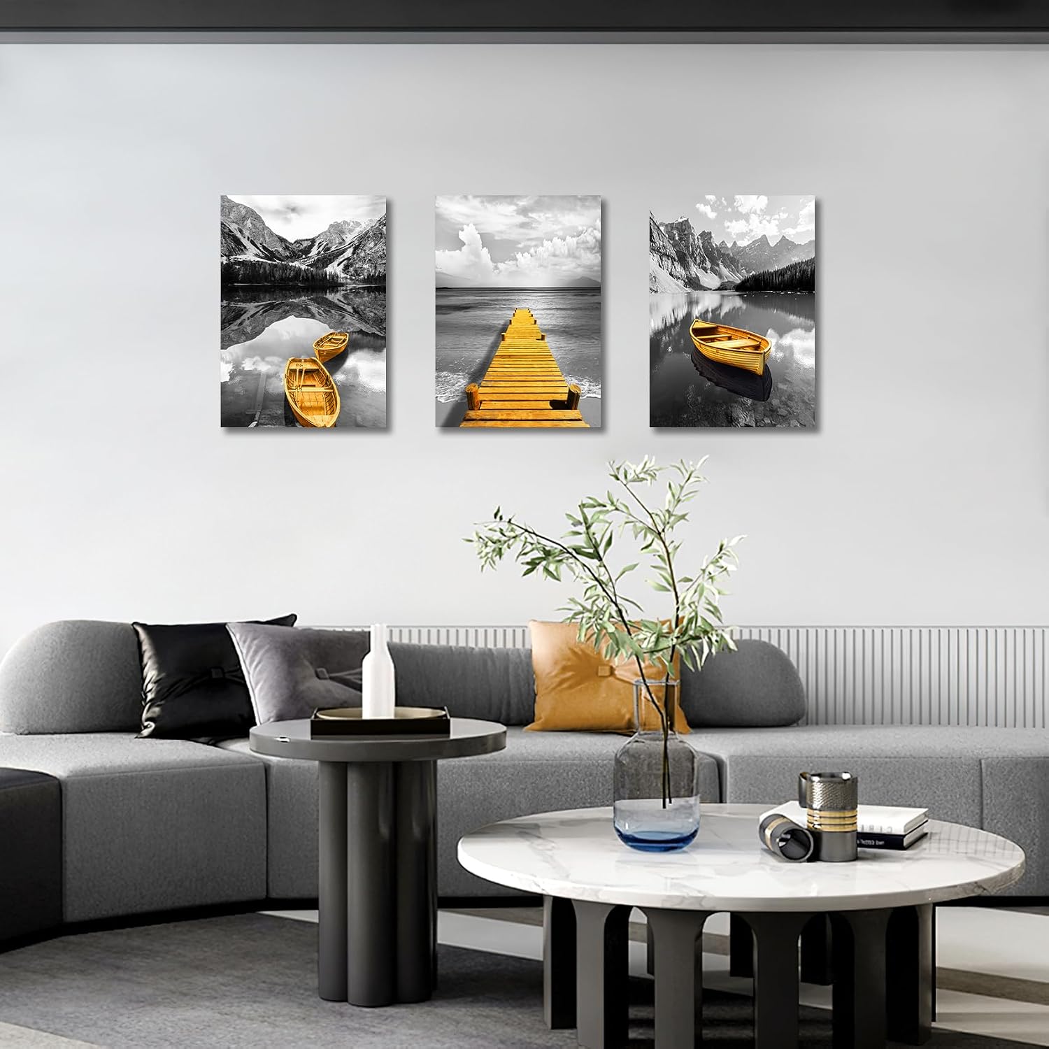 Detalle de HALFLEMART 3-teiliges Grau-Gold Rahmen-Leinwandbild: Berg- und Seepanorama, 90x40 cm