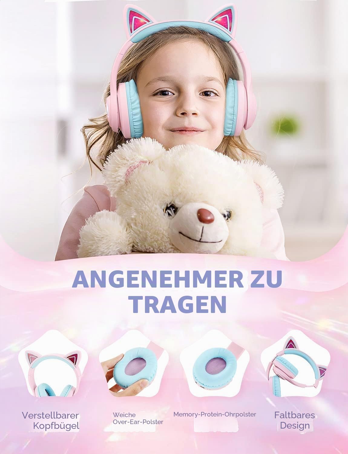 Detalle 2 de iClever Bluetooth Kopfhörer Kinder mit Katzenohr-LED, MIC und 3,5-mm-Kabel (BTH13, 50 Std. Spielzeit)
