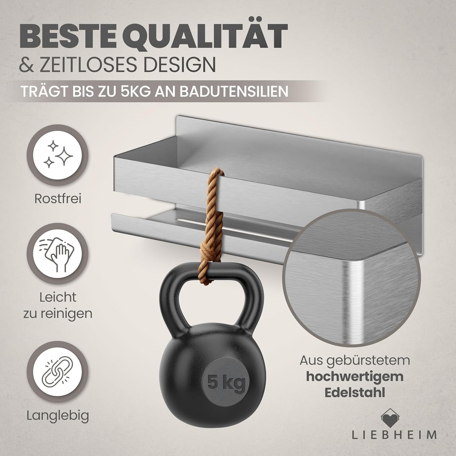 Thumbnail 2 de LIEBHEIM Duschablage ohne Bohren – Badregal & Duschkorb mit Edelstahlablage, Klebemontage und Haken