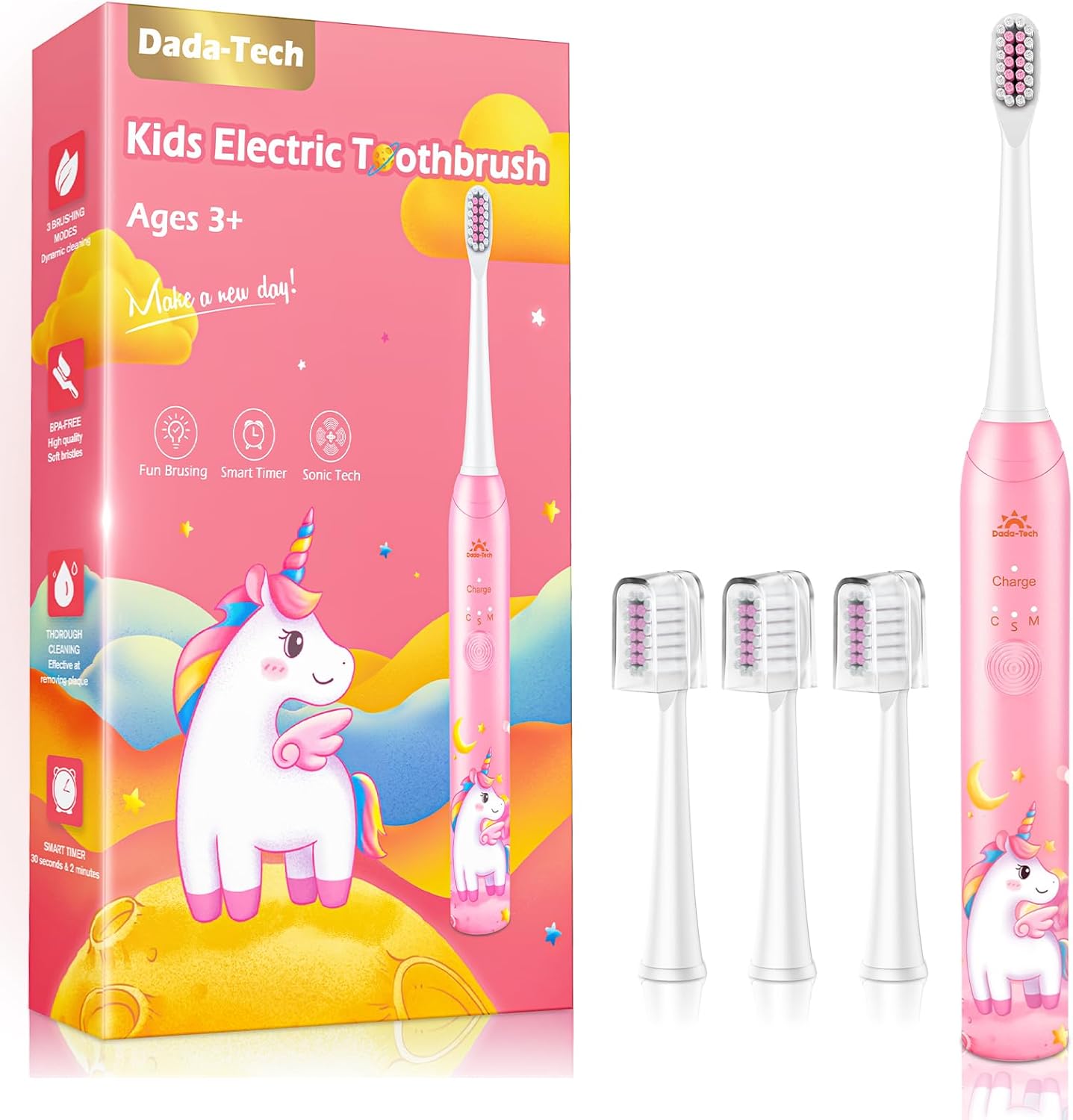 Kinder-Schallzahnbürste für 3–12 Jahre: elektrische Zahnbürste Einhorn Neu Rosa mit Timer & 3 Modi
