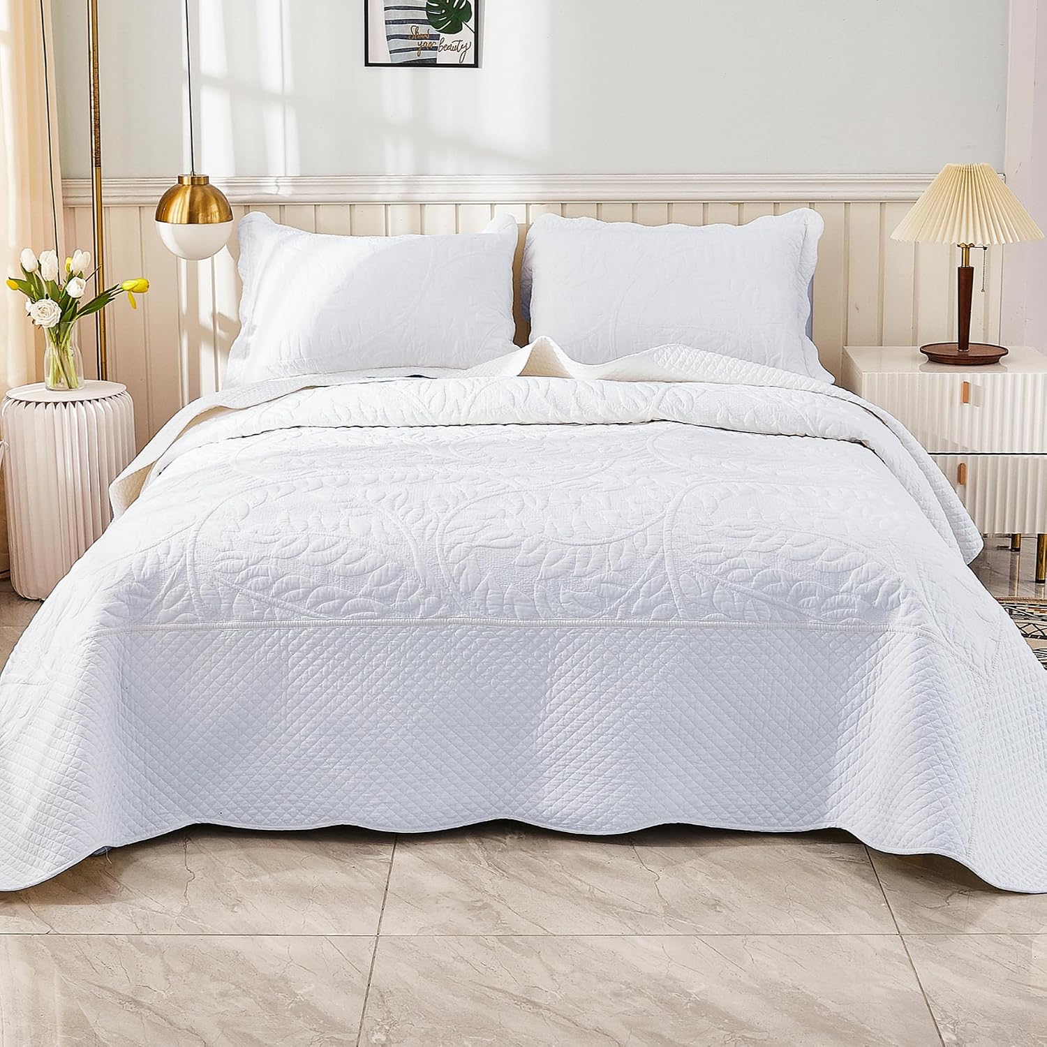 Thumbnail 1 de MarCielo 3-Piece 100% Cotton Oversized Bedspread Quilt Coverlet Set (Bright White, Oversized King)