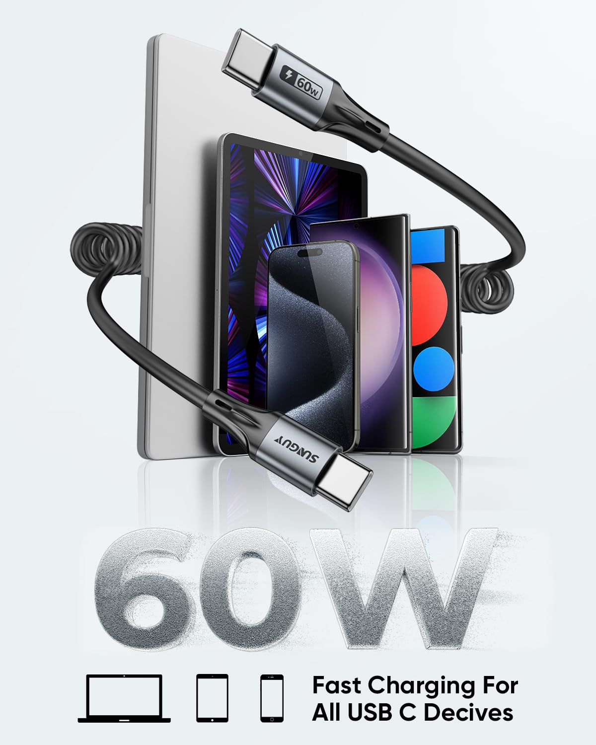Thumbnail 2 de SUNGUY USB‑C Spiralkabel (USB‑C auf USB‑C), 2 m – bis 60 W Schnellladen & 480 Mbit/s für Auto, iPhone, Android & mehr