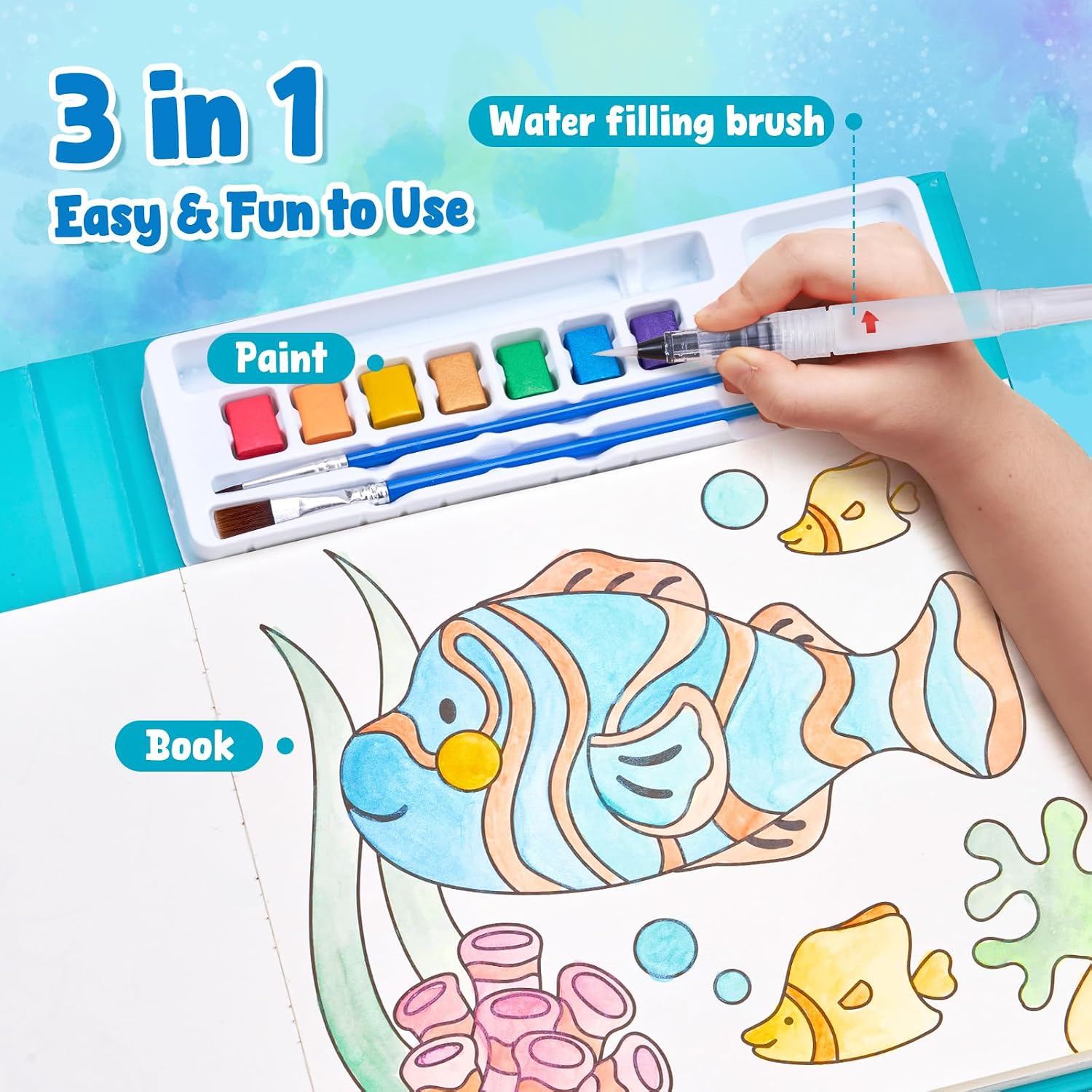 Detalle de JoyCat Malbuch mit Wasserfarben für Kleinkinder (3–8 Jahre) – 3-in-1 Aquarellset mit 20 Meeres-Themenseiten