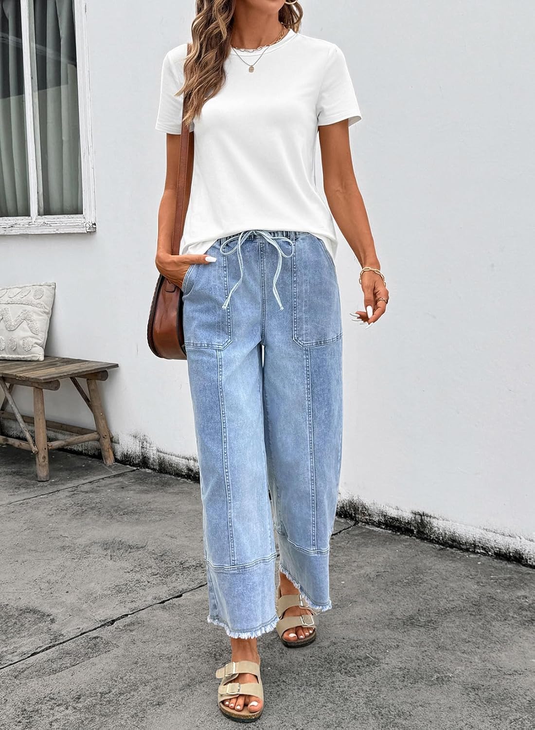 Thumbnail 2 de SHEWIN Women's Wide Leg Jeans with High Waist and Drawstring — Stretchy Baggy Denim Pants
