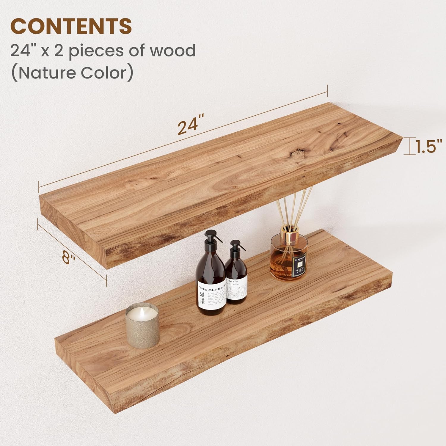 Thumbnail 1 de Floating Shelves for Wall Decor – Rustic Solid Elm Wood Live Edge Set of 2 (24 Inch), Natural
