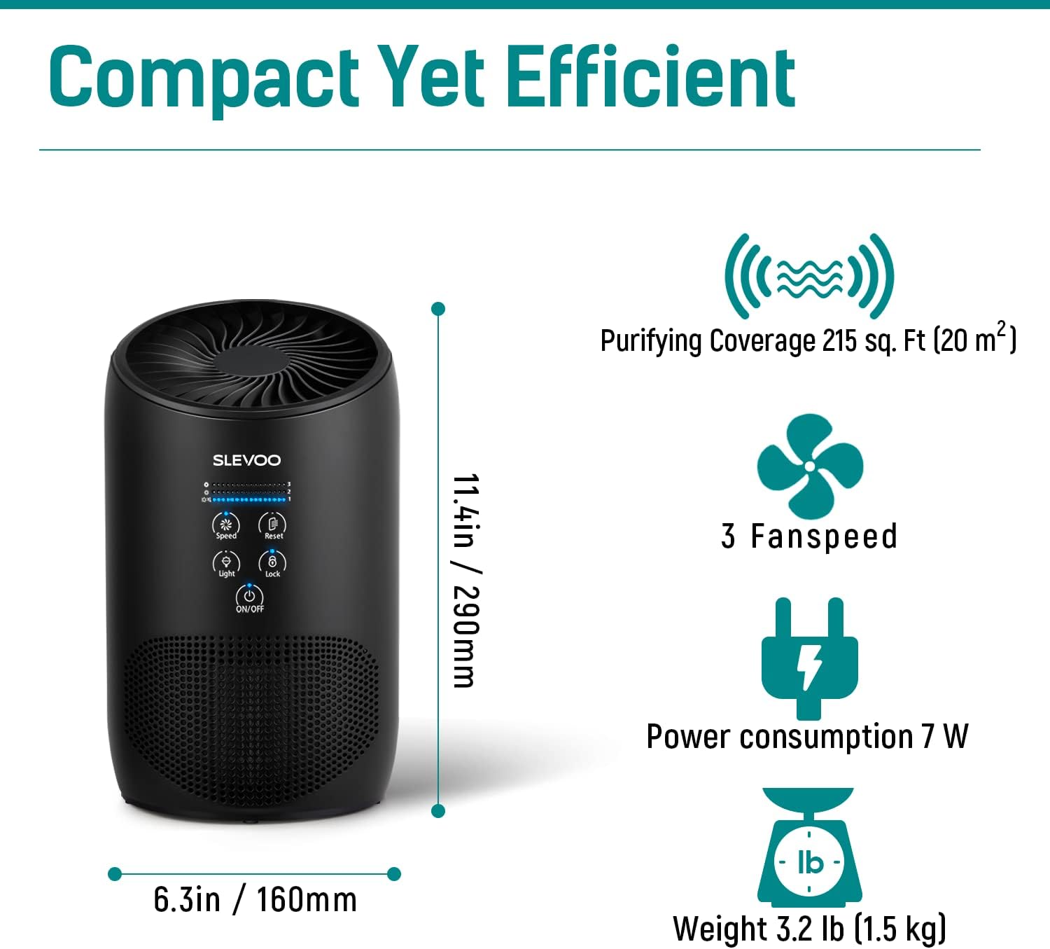Detalle 2 de Slevoo BS03 H13 True HEPA Air Purifier, 3-Stage Filtration, 215 sq. ft.