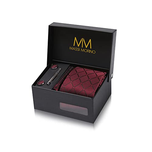 Detalle de Massi Morino – Set corbata burdeos de cuadros con pañuelo a juego y accesorios (5 en 1) para hombre
