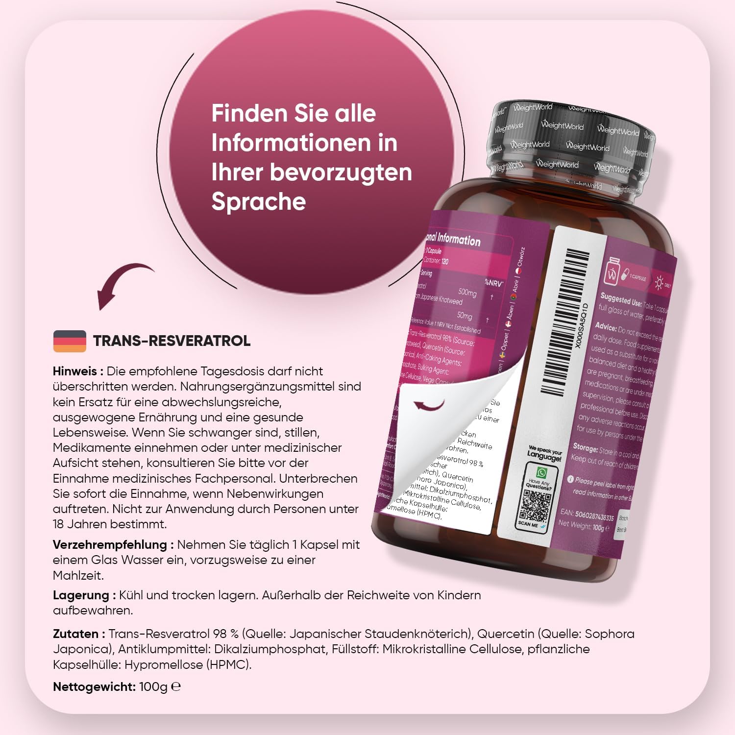 Thumbnail 3 de WeightWorld Trans-Resveratrol mit Quercetin 550 mg (98% japanischer Knöterich) – 120 vegane Kapseln