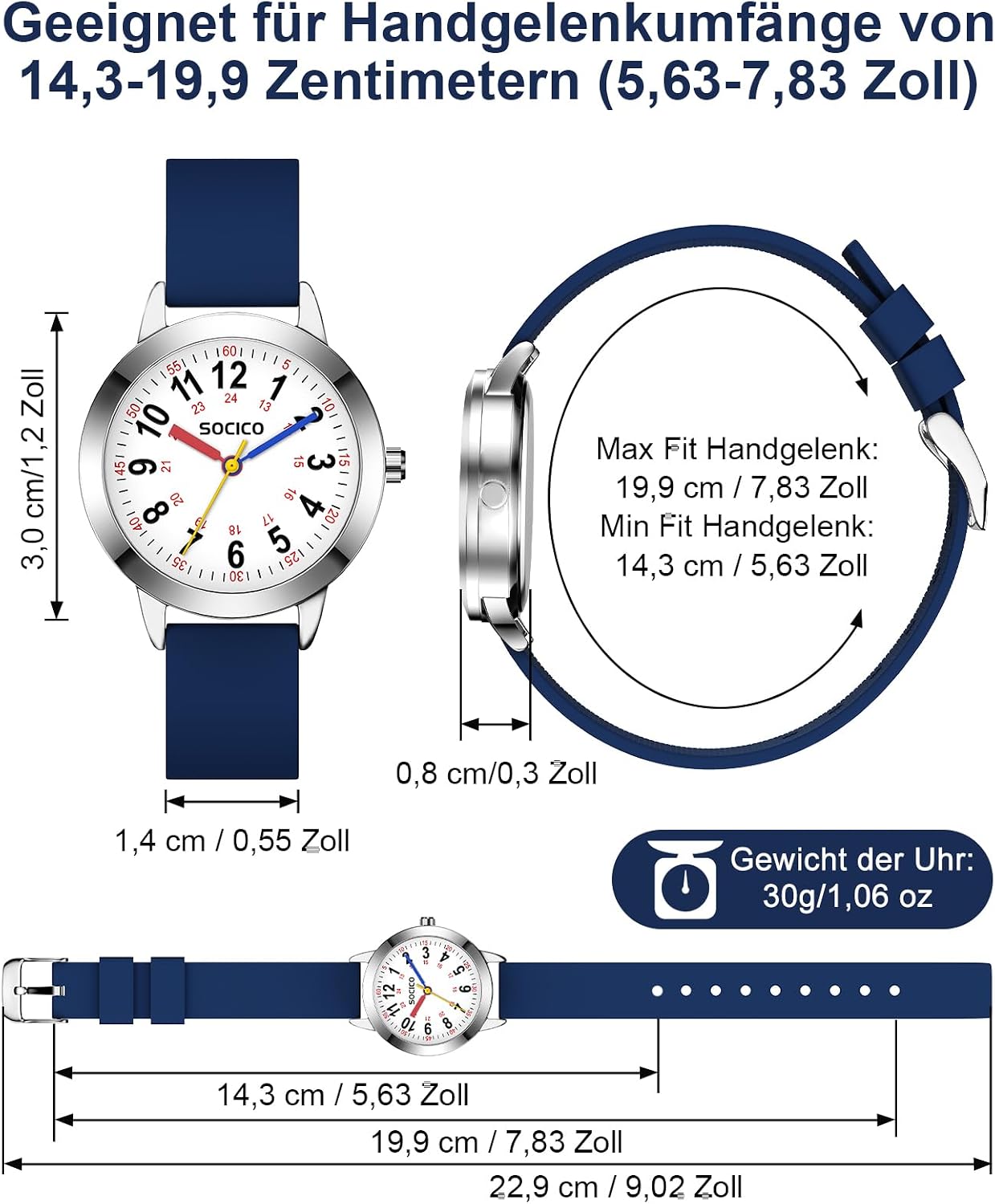 Thumbnail 4 de SOCICO Lernuhr Kinder Armbanduhr Blau – Analoge Kinderuhr, 3ATM Wasserdicht, Lernhilfe für Jungen und Mädchen