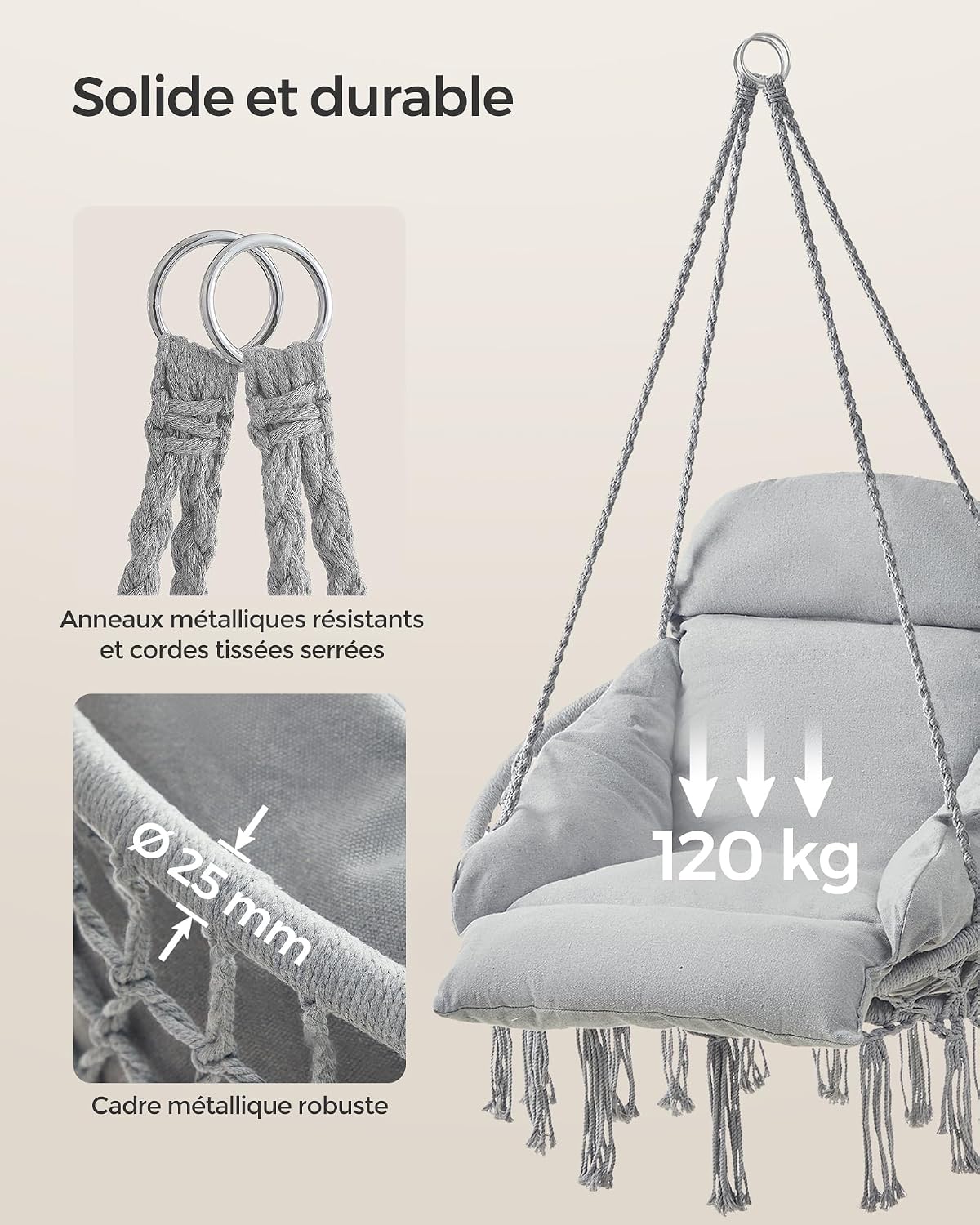 Thumbnail 3 de SONGMICS Fauteuil suspendu GDC042G11V3 avec coussin épais et franges, capacité 120 kg, gris tourterelle