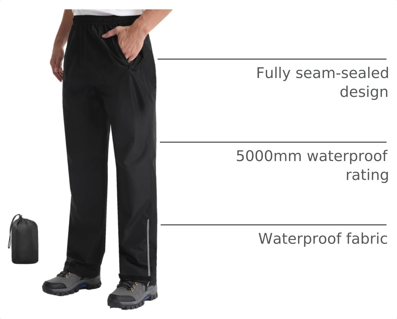 Detalle 2 de iCreek Men’s Packable Waterproof Rain Pants (Packable, Windproof Outdoor Over Pants)