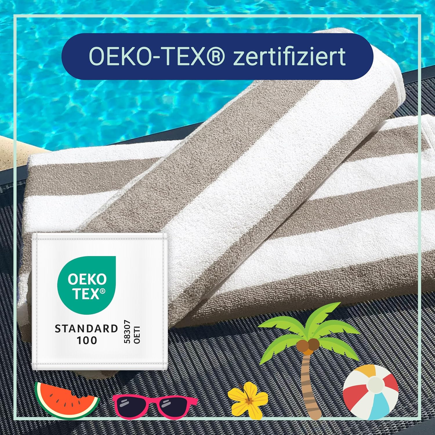 Detalle de ZOLLNER 2er Set Strandtücher – 70x180 cm, graues Streifenmuster, 100% Baumwolle, OEKO-TEX geprüft
