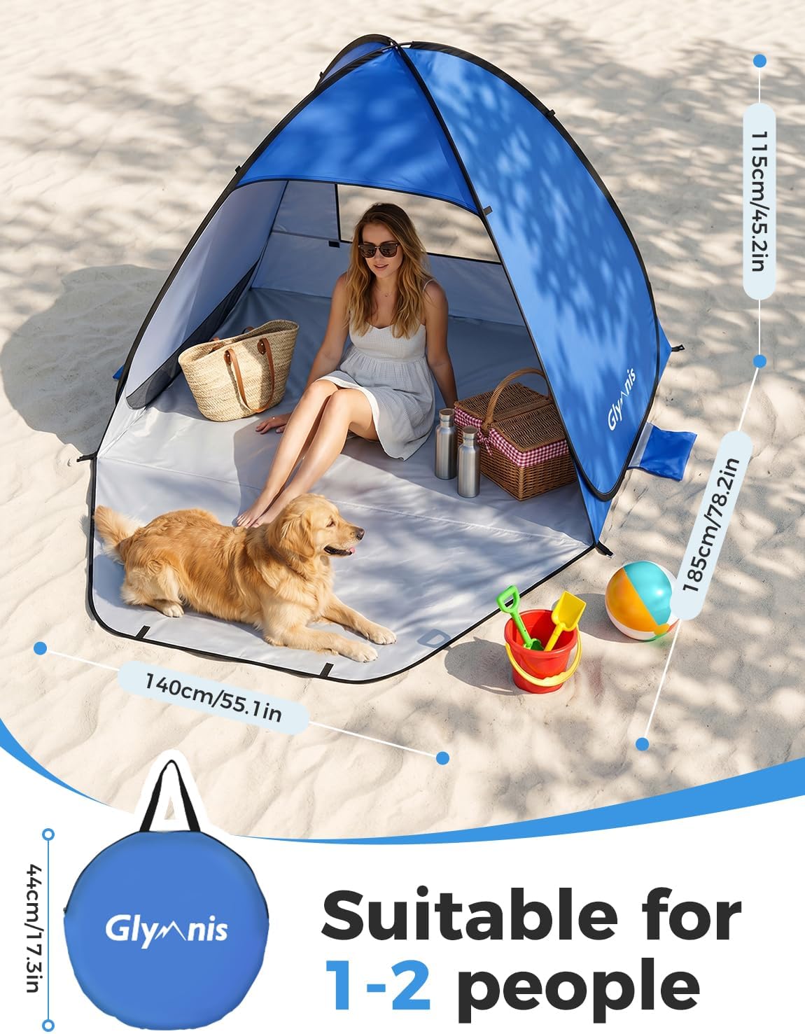 Detalle de Glymnis Strandmuschel Pop Up Strandzelt – UV-Schutz 50+, Windschutz, blau, kompakt