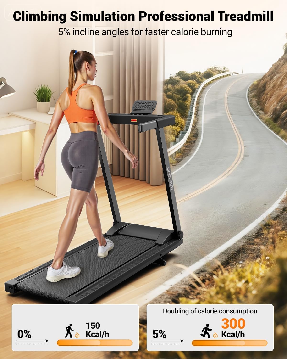 Detalle de DeerRun 3.5 HP Foldable Walking Pad Treadmill with Handrail and Smart App
